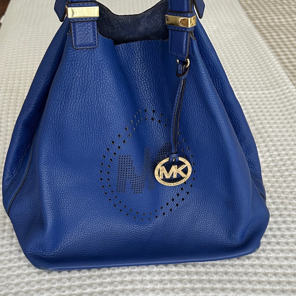 Michael Kors Blue Leather Hobo Bag with Gold Accents
